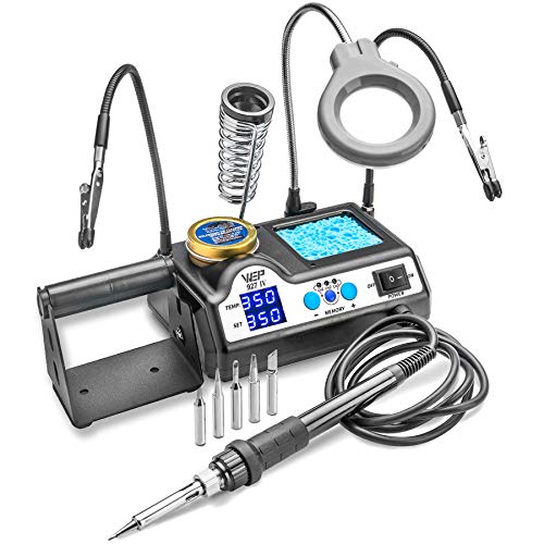 WEP 927-IV 60 Watt Soldering Iron Station - Double Digital LED Display, Sleep Function, C/F, 5 Extra Tips, Mini Mag Lamp, 2 Helping Hands, Solder Roll Holder, Brass Sponge w/Flux & Wet Sponge