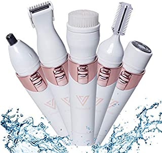 5 in 1 Electric Bikini Trimmer for Women Rechargeable - Cordless Ladies Womens Shaver for Legs Pubic Area Eyebrows Nose Facial Hair Removal Cleansing Brush - Personal Groomer for Women Dry & Wet Use