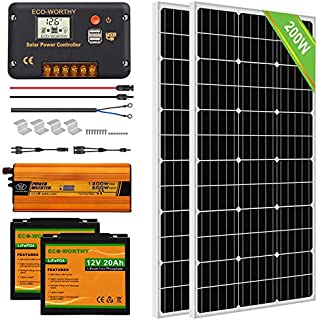 ECO-WORTHY Solar Power System for RV Off Grid Solar Panel Kit with Battery and Inverter: 2pcs 100W 12V Solar Panel + 20A Charge Controller + 2pcs 20Ah Lithium Battery + 600W Solar Inverter