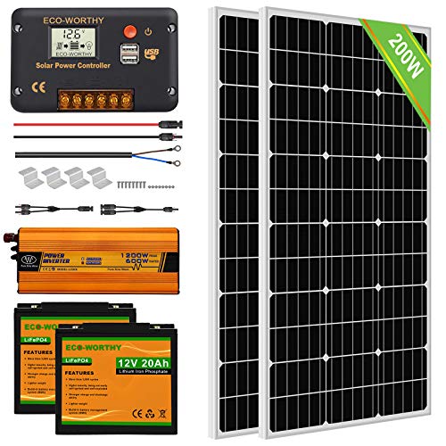 ECO-WORTHY Solar Power System for RV Off Grid Solar Panel Kit with Battery and Inverter: 2pcs 100W 12V Solar Panel + 20A Charge Controller + 2pcs 20Ah Lithium Battery + 600W Solar Inverter