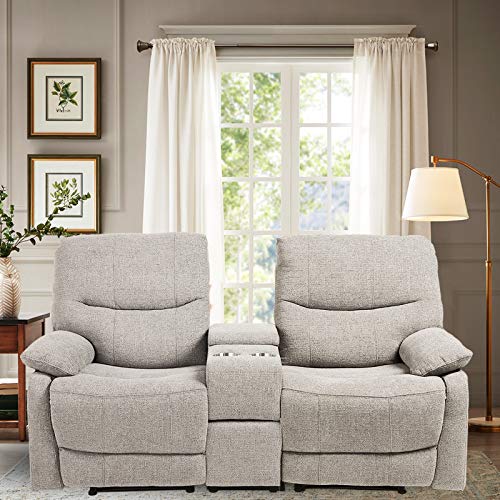 B BAIJIAWEI Double Reclining Loveseat - Fabric Home Theater Seating with Console - Glider Reclining Couch for Living Room, Office (Fabric- Beige)