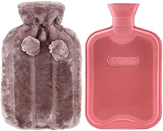 HomeTop Premium Classic Rubber Hot Water Bottle and Luxurious Faux Fur Plush Fleece Cover w/Pom Pom Decor (Nude Pink)