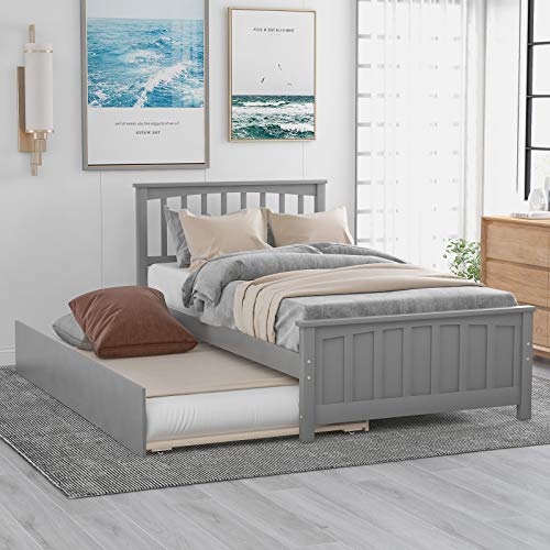 Harper & Bright Designs Twin Bed Frame with Trundle, Kids Platform Twin Bed with Pull Out Trundle,Solid Wood, No Box Spring Needed (Light Grey (Trundle))