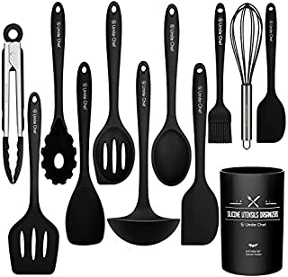 Kitchen Utensil Set-12 Pieces Cooking Utensils-Silicone Kitchen Utensils -Umite Chef Nonstick Cookware with Spatula Set - Colored Best Kitchen Tools Kitchen Gadgets with Utensil Crock(Black)