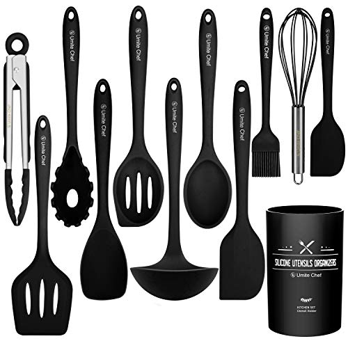 Kitchen Utensil Set-12 Pieces Cooking Utensils-Silicone Kitchen Utensils -Umite Chef Nonstick Cookware with Spatula Set - Colored Best Kitchen Tools Kitchen Gadgets with Utensil Crock(Black)