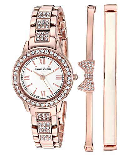 Anne Klein Women's Swarovski Crystal Accented Rose Gold-Tone Bracelet Watch and Bangle Set, AK/3334BHST