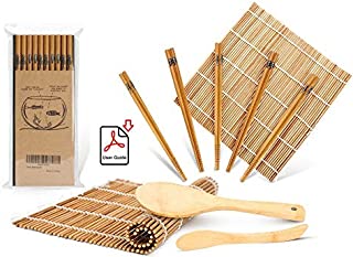 Sushi Making Kit, Bamboo Sushi Mat, Including 2 Sushi Rolling Mats, 5 Pairs of Chopsticks, 1 Paddle, 1 Spreader, 1 Beginner Guide PDF, Roll On, Beginner Sushi Kit