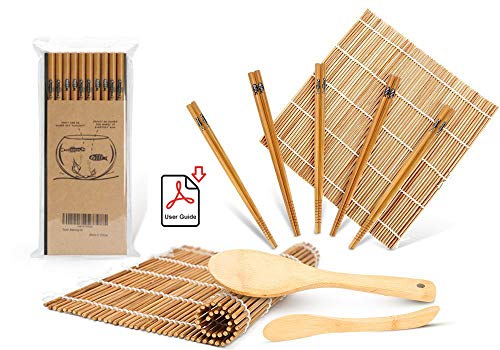 Sushi Making Kit, Bamboo Sushi Mat, Including 2 Sushi Rolling Mats, 5 Pairs of Chopsticks, 1 Paddle, 1 Spreader, 1 Beginner Guide PDF, Roll On, Beginner Sushi Kit