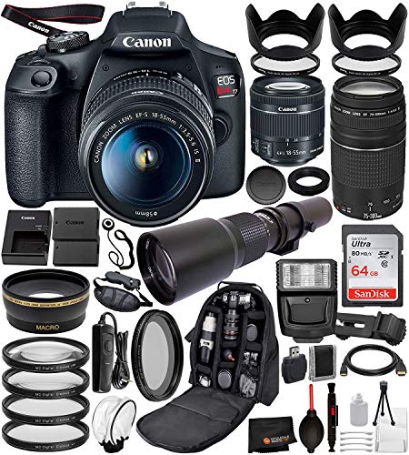 Canon EOS Rebel T7 Digital SLR Camera with EF-S 18-55mm IS II (2727C00 USA), Canon EF 75-300mm Lens and 500mm PRESET Lens with T-Mount Adapter and 22PC Professional Bundle