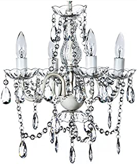 4 Light Crystal White Hardwire Flush Mount Chandelier H17.5xW15, White Metal Frame with Clear Glass Stem and Clear Acrylic Crystals & Beads That Sparkle Just Like Glass