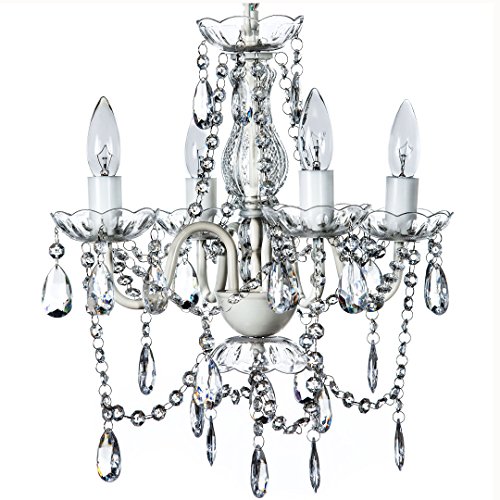 4 Light Crystal White Hardwire Flush Mount Chandelier H17.5xW15, White Metal Frame with Clear Glass Stem and Clear Acrylic Crystals & Beads That Sparkle Just Like Glass