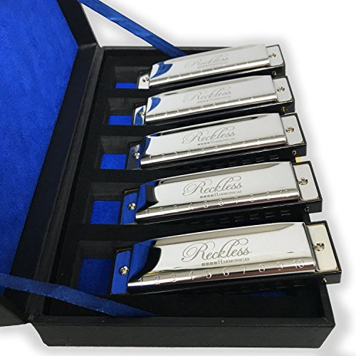 Harmonicas For Adults Harmonica Set With Case By Reckless Harmonicas. Deluxe 5 Piece Blues Harmonicas In Keys Of A, C, D, E, & G. 10 Hole Diatonic Harmonicas Packaged In Vintage Display Case