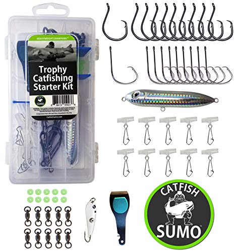 Complete Catfish Rig Tackle Set | Trophy Catfishing Kit with 8/0 Circle Hooks, Storage Box, Sinker Sliders, Knot Protectors, Swivels, Rattling Line Float, Nippers and Decal