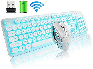 Rechargeable Keyboard and Mouse Combo Suspended Keycap Mechanical Feel Backlit 2.4G Wireless Gaming Keyboard & Mouse Adjustable Breathing Lamp for Laptop Computer and Mac (White Punk/Blue Light)