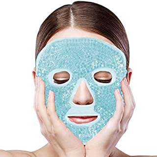 Jakuva Hot and Cold Therapy Full Face Gel Mask, Reusable Facial Mask with Gel Beads for Women Men,Compress Pearl Treatment,Migraine Relief, Reduces Eye Puffiness and Dark Circles(Blue)