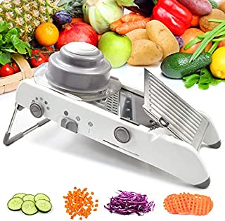 Vegetable Mandoline Slicer Waffle Cutter French Fry Shredder Fruit Chopper Potato Julienne Veggie Onion Peeler Tomato Grater Adjustable Thicknesses Safety Hand Guard Stainless Steel Blade (white)