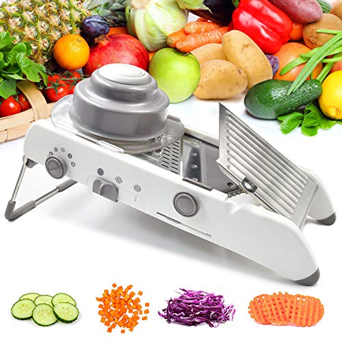 Vegetable Mandoline Slicer Waffle Cutter French Fry Shredder Fruit Chopper Potato Julienne Veggie Onion Peeler Tomato Grater Adjustable Thicknesses Safety Hand Guard Stainless Steel Blade (white)