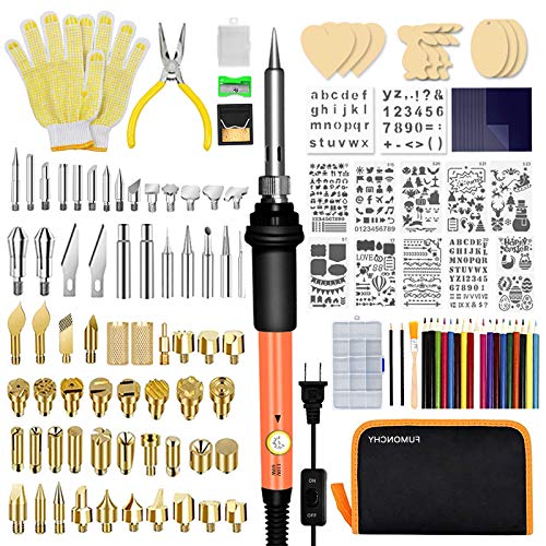 FUMONCHY Wood Burning Kit 126Pcs, Wood Burning Tool with Soldering Iron Tips, Wood Burner Temperature Adjustable with On-Off Switch, Pyrography Pen with Wood Burning Stencils for Embossing Carving