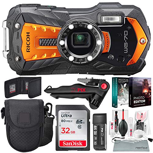 Ricoh WG-70 Durable Adventure Digital Camera (Orange), 32GB Memory Card, Essential Accessories, and Professional Photo Editing Software