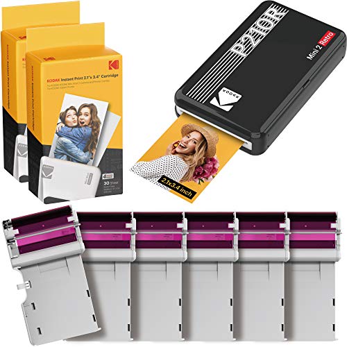 Kodak Mini 2 Retro 2.1x3.4 Portable Photo Printer (60 Sheets), Wireless Connection, Compatible with iOS, Android & Bluetooth, Real Photo, 4PASS & Lamination Process, Premium Quality- Black