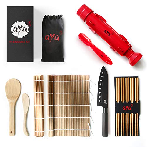 Sushi Making Kit - Original AYA Bazooka Kit - Sushi Knife - Video Tutorials - Sushi Maker - 2 Bamboo Mats - Paddle Spreader - 5 x Chopsticks