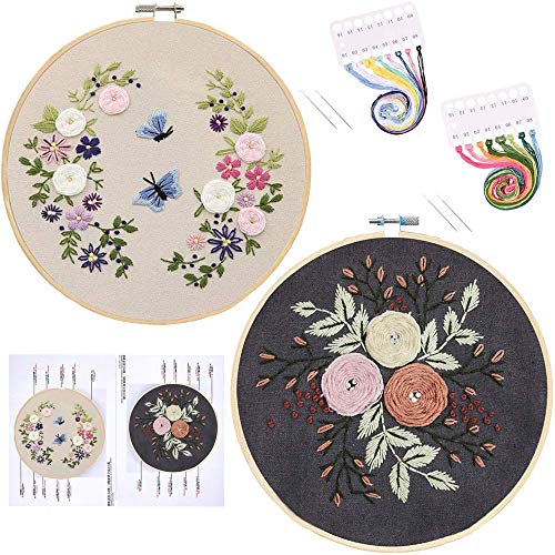 DIY Embroidery Starter Kit with Flowers Plants Pattern Cross Stitch Kit Including Bamboo Hoops,Stamped Embroidery Cloth,Color Threads (2 PCS)