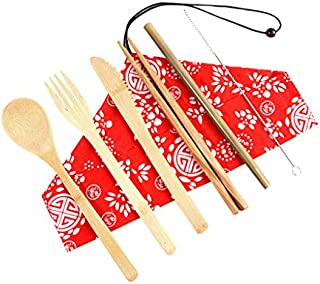 Fine Portable Bamboo Cutlery Travel Eco-Friendly Fork Spoon Set,Reusable Cutlery Travel Set,Outdoor Portable Utensils,Bamboo Spoon, Fork, Knife, Brush, Chopsticks (F)