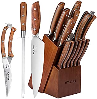 Knife Set with Block, 14 Pieces High Carbon Stainless Steel Knives with Solid Wood Handle, Sharpener, Chef Knife, Steak Knives, Utility Knife - HITECLIFE