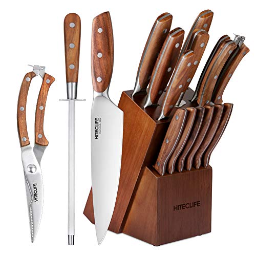 Knife Set with Block, 14 Pieces High Carbon Stainless Steel Knives with Solid Wood Handle, Sharpener, Chef Knife, Steak Knives, Utility Knife - HITECLIFE