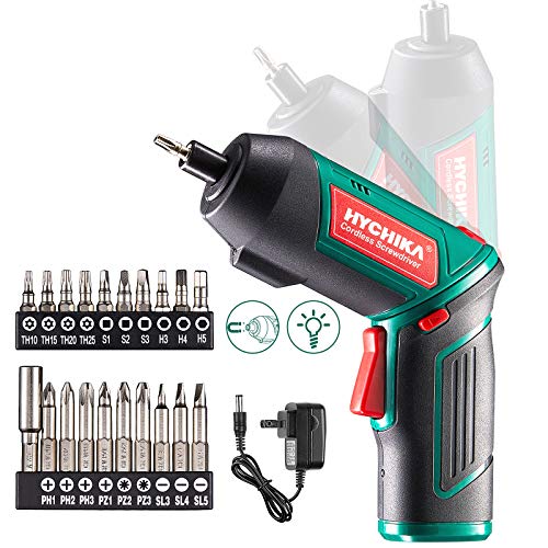 Cordless Screwdriver 6 N.m, HYCHIKA 3.6V 2.0Ah Electric Screwdriver Gun, Adjustable 2 Position Handles, Front LED, DC Charging, 20pcs Accessories