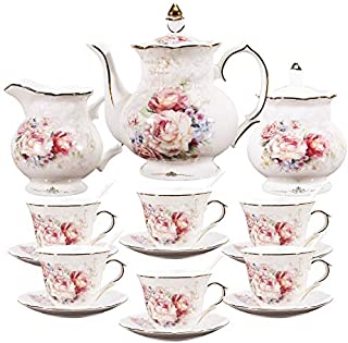 fanquare 15 Pieces Porcelain English Tea Set,Floral Coffee Set for Adults,Ceramic Vintage Tea Sets for Women