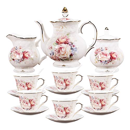 fanquare 15 Pieces Porcelain English Tea Set,Floral Coffee Set for Adults,Ceramic Vintage Tea Sets for Women