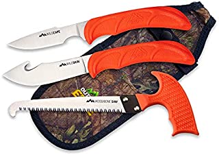 Outdoor Edge WildGuide, 4-Piece Hunting Knife/Saw Combo Set with Fixed Blade Caping Knife, Gut-Hook Skinner, T-Handle Wood/Bone Saw, and Mossy Oak Camo Nylon Belt Sheath