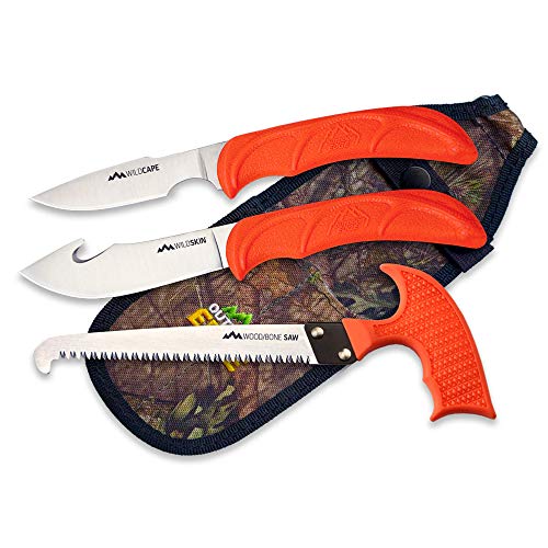 Outdoor Edge WildGuide, 4-Piece Hunting Knife/Saw Combo Set with Fixed Blade Caping Knife, Gut-Hook Skinner, T-Handle Wood/Bone Saw, and Mossy Oak Camo Nylon Belt Sheath