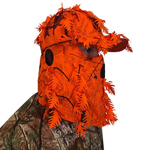 QuikCamo Realtree AP Blaze Orange Camo Hat with Built-in 3D Leafy Face Mask, Turkey Hunting Gear for Ghillie Suits and Bowhunting (Adjustable, One Size Fits Most)