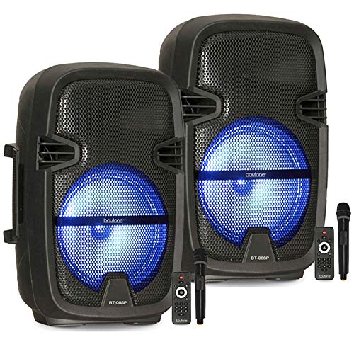 Pair of BT-08SP2 Boytone 8 Portable Bluetooth PA Speaker, Rechargeable, Karaoke, Wireless Microphone, TWS(Wireless) to Connect both Speakers Together. DJ Lights, FM, MP3, USB Port, TF Slot, AUX