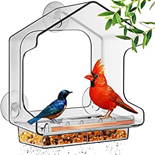 LUJII Window Bird Feeder, Large Bird Feeders for Outdoors with Lift-Out Tray, Drainage Holes, Weatherproof, Rounded Corners for Safe, 5 Strong Suction Cups, Great Gift(1 Pack, Gold)