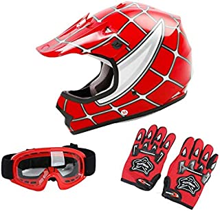 TCT-MT DOT Youth Kids Helmet+Goggles+Gloves Red Spider Net Dirt Bike Motocross Helmet ATV MX Helmet Gloves Goggles S~XL (X-Large)