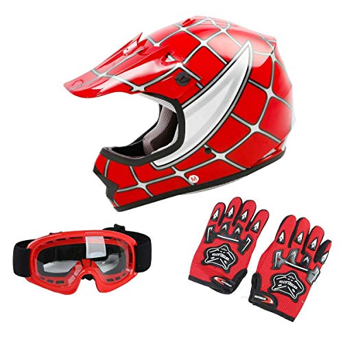 TCT-MT DOT Youth Kids Helmet+Goggles+Gloves Red Spider Net Dirt Bike Motocross Helmet ATV MX Helmet Gloves Goggles S~XL (X-Large)