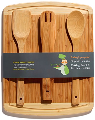 Bamboo Cutting Board Housewarming Gift Set - With Bonus 3-Piece Cooking Utensils - Wooden Spoon, Salad Tongs and Wood Spatula - Mother's Day, Wedding & Kitchen Gadgets Gift Idea