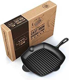 Pre-Seasoned Cast Iron Grill Skillet Pan 12 Inch (11 Inches Square). Stove and Oven Safe. For Camping and Barbecue. By Fresh Australian Kitchen.