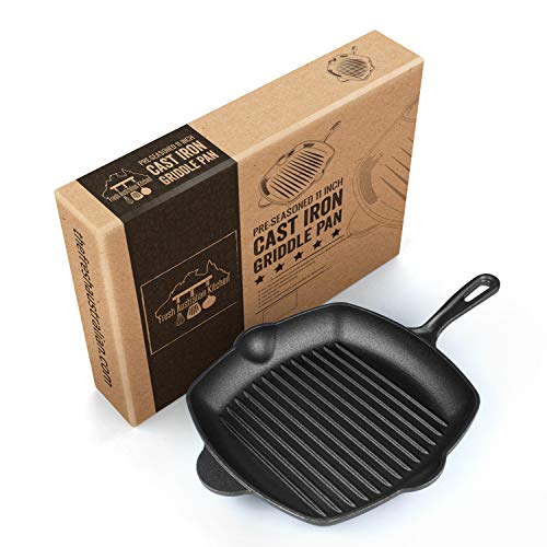 Pre-Seasoned Cast Iron Grill Skillet Pan 12 Inch (11 Inches Square). Stove and Oven Safe. For Camping and Barbecue. By Fresh Australian Kitchen.