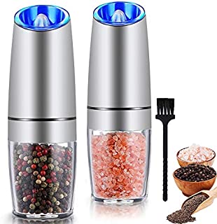 Gravity Electric Salt and Pepper Grinder Set, Automatic Pepper and Salt Mill Grinder,Battery-Operated with Adjustable Coarseness, Premium Stainless Steel with LED Light, One Hand Operated