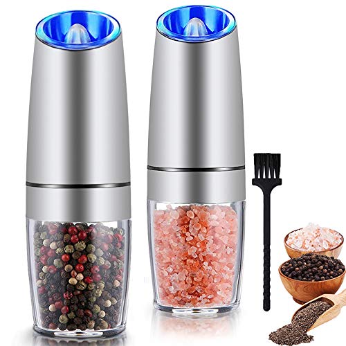 Gravity Electric Salt and Pepper Grinder Set, Automatic Pepper and Salt Mill Grinder,Battery-Operated with Adjustable Coarseness, Premium Stainless Steel with LED Light, One Hand Operated