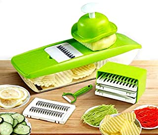 GProME Mandoline Slicer Vegetable Spiralizer, Food Slicer 6-in-1 French Fry Cutter, Food Waffle,Julienne Grater- Potato Slicer Sharp Stainless Steel Blades(Green)