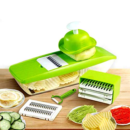 GProME Mandoline Slicer Vegetable Spiralizer, Food Slicer 6-in-1 French Fry Cutter, Food Waffle,Julienne Grater- Potato Slicer Sharp Stainless Steel Blades(Green)