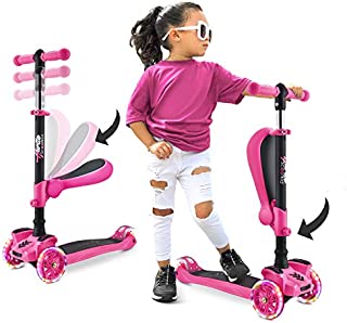 Hurtle 3-Wheeled Scooter for Kids - Wheel LED Lights, Adjustable Lean-to-Steer Handlebar, and Foldable Seat - Sit or Stand Ride with Brake for Boys and Girls Ages 1-14 Years Old - Pink