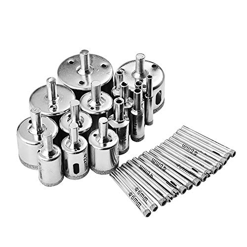 30Pcs Diamond Drill Bits Glass Hole Saw Drill Bit Set Cutting Remover Tools for Glass Porcelain Tile Ceramic Marble Granite Bottles DIY(6mm-50mm)