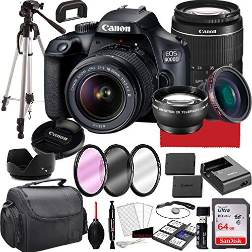 Canon EOS 4000D DSLR Camera with 18-55mm f/3.5-5.6 Zoom Lens, 64GB Memory,Case, Tripod and More (28pc Bundle)