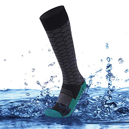 SuMade 100% Waterproof Socks, Boot Socks for Women Youth Winter Breathable Knee High Cushioned Misture Wicking Fashion Thermal Cycling Hiking Camping Ice Fishing Socks 1 Pair (Black&Green, Small)